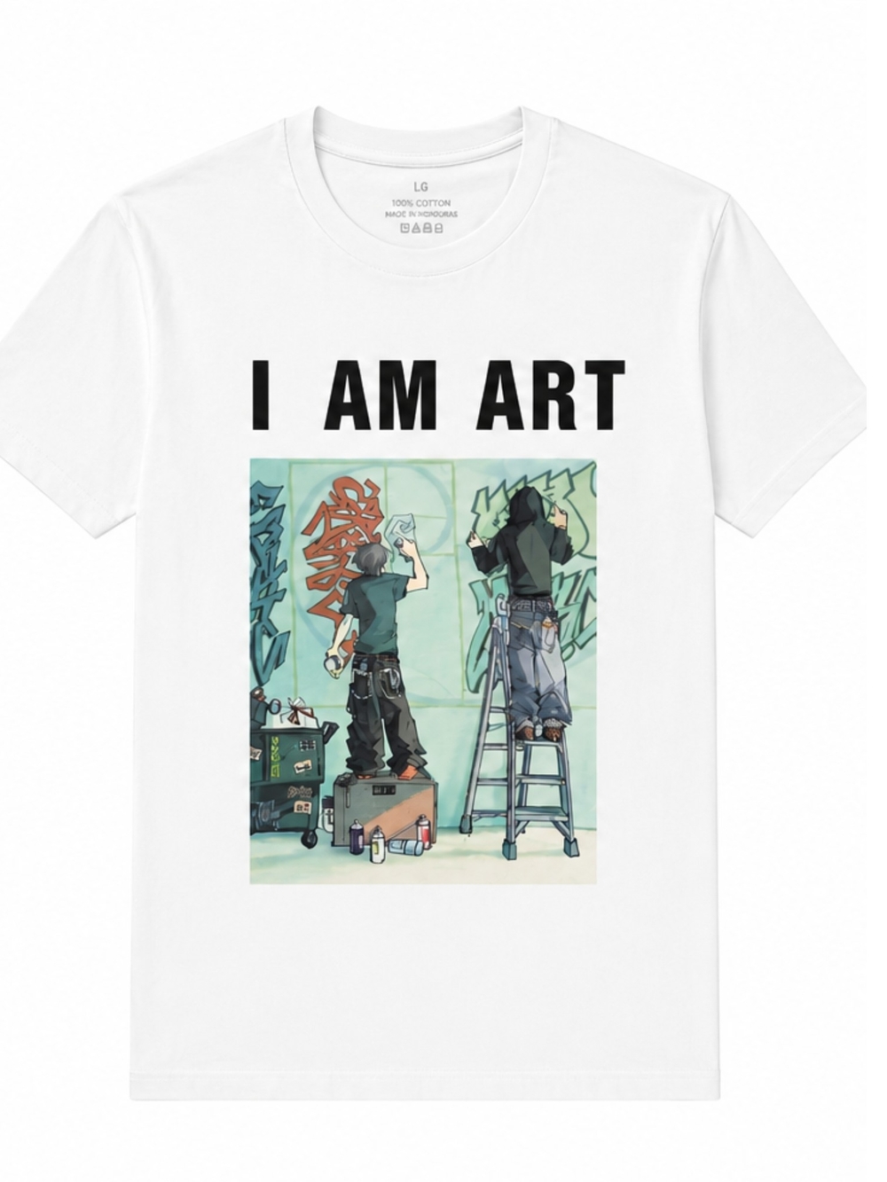 White Tee with Black 'I AM ART' and Aqua Graffiti Illustration